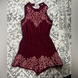 Cranberry shorts romper with mauve embroidery